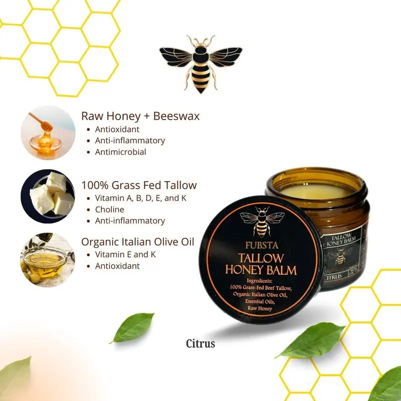 FUBSTA Organic Grass-Fed Beef Tallow Balm with Raw Honey - Handmade All-Natural Moisturizer for Soft, Smooth, Radiant Skin