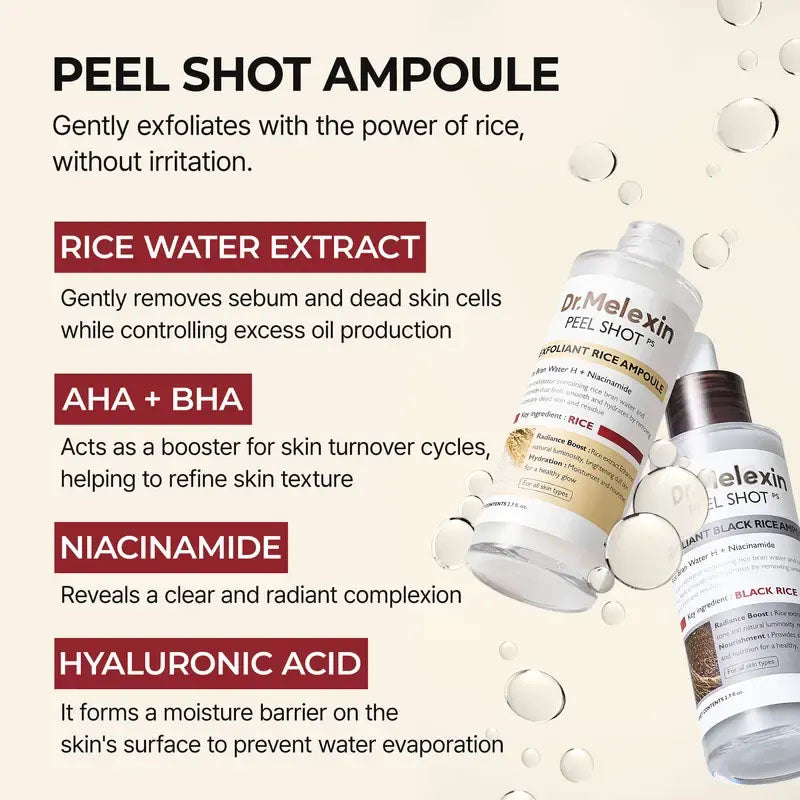 [Dr.Melexin Official] Peel Shot Glow Rice Ampoule Duo - Serums for Brightening, Exfoliating, and Moisturizing - Suitable for All Skin Types