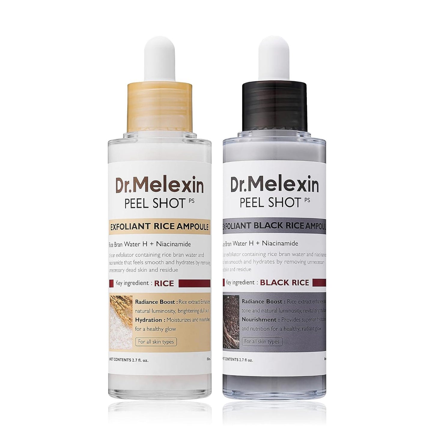 [Dr.Melexin Official] Peel Shot Glow Rice Ampoule Duo - Serums for Brightening, Exfoliating, and Moisturizing - Suitable for All Skin Types